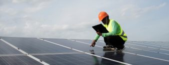 Technician engineer checks the maintenance of the solar cell panels